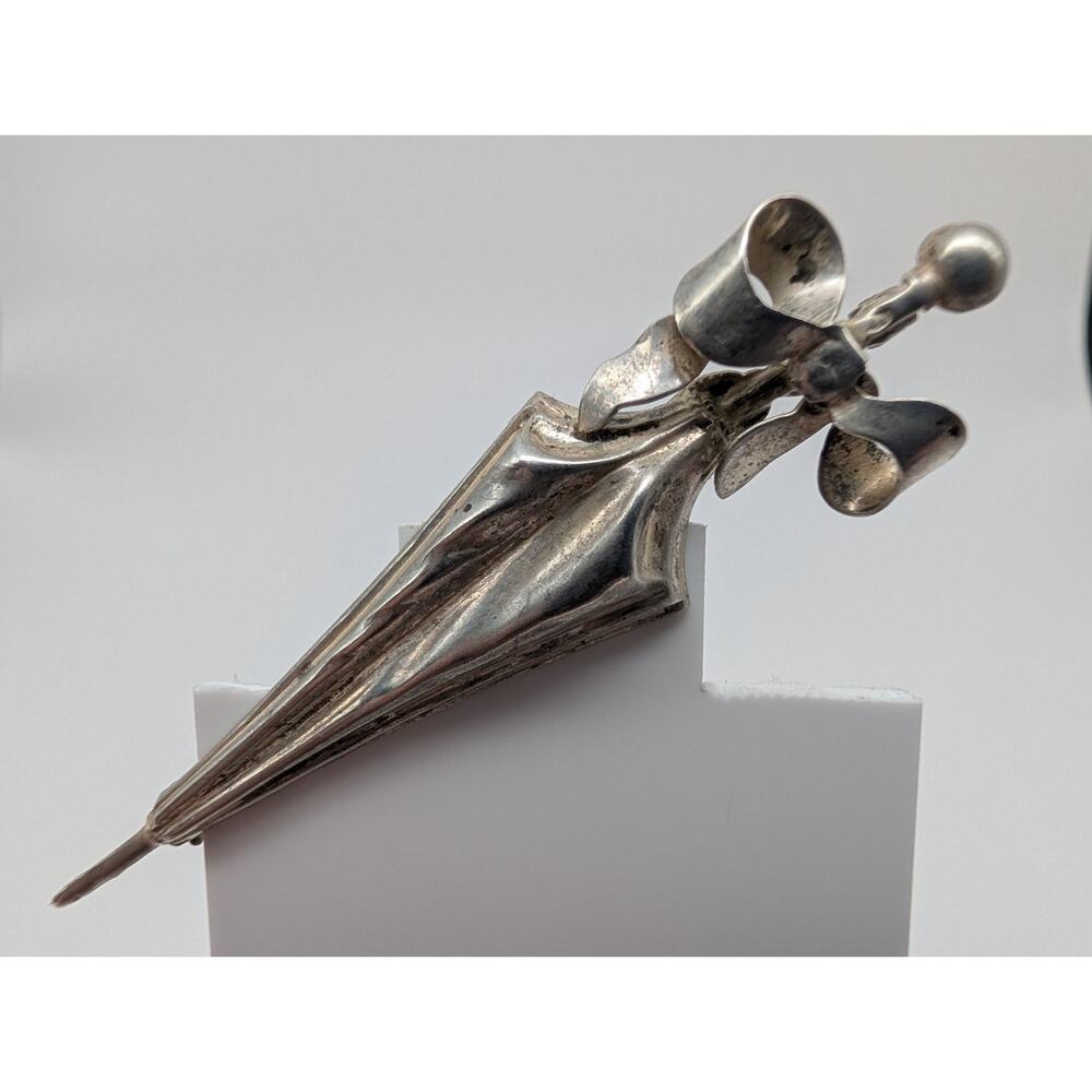 Vintage BEAU Sterling Silver 925 Umbrella Shaped Brooch Pin - Picture 2 of 5